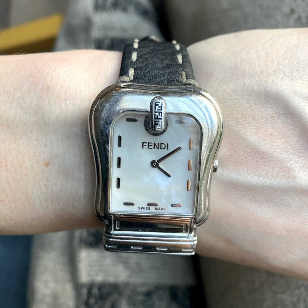 Fendi Buckle Watch Stainless Steel Mother of Pearl Face Brown and Black Bands